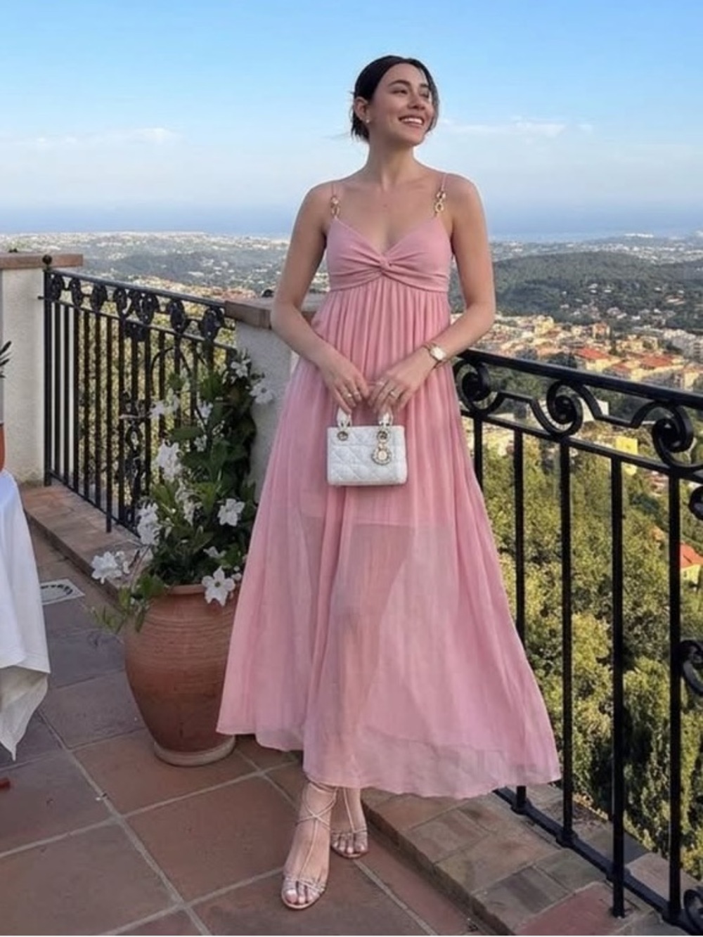 New Zara twist sweetheart neck pleated dress with rose stone details on strap